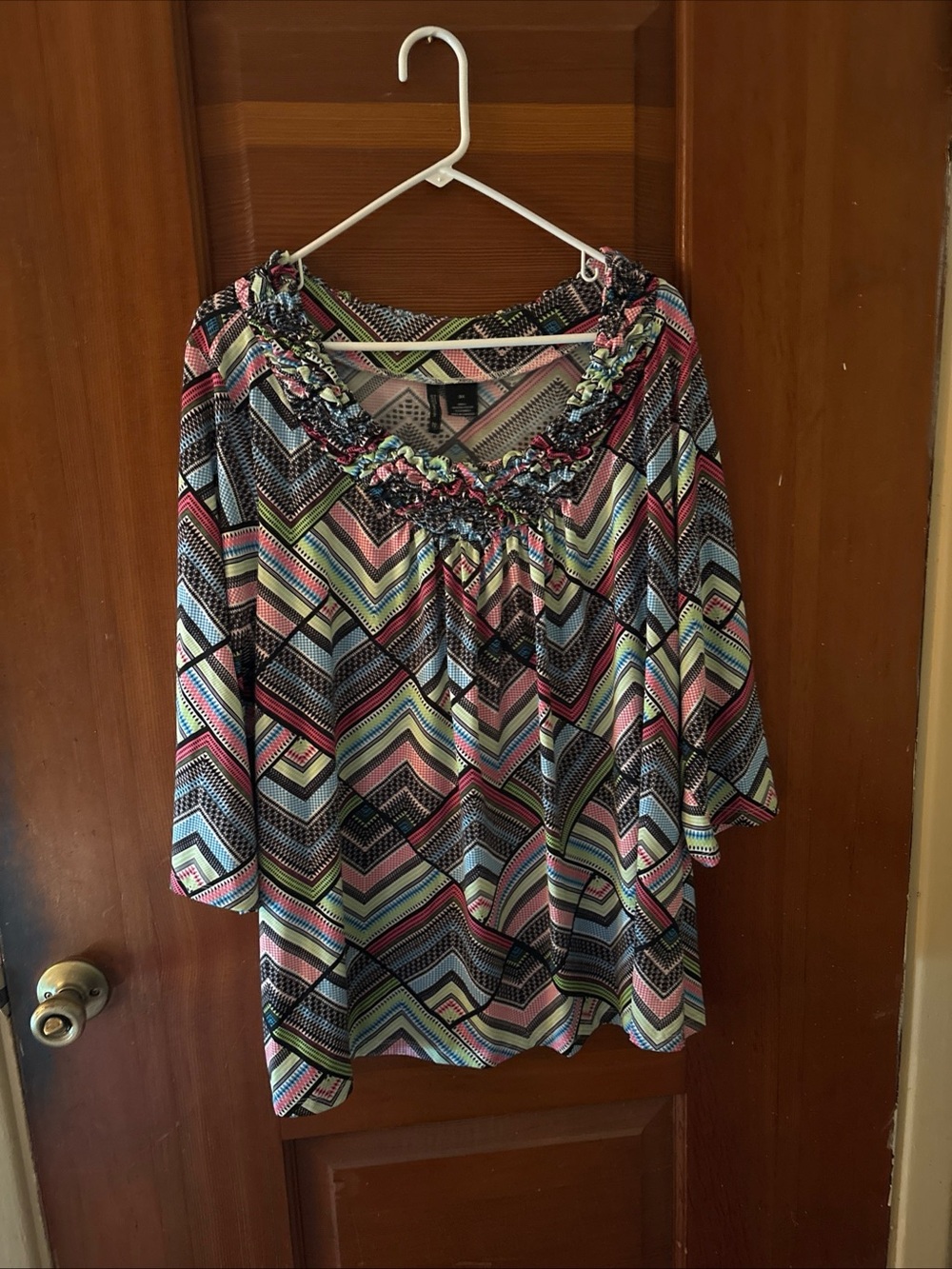 new directions Chevron Peasant Top in Pink, Blue & Black
